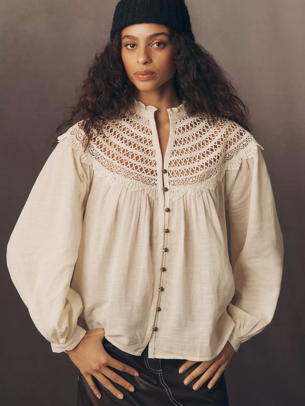 Anthropologie Pilcro Lace Yoke Peasant Blouse Size 3X Crochet Lace Collar Cream